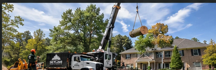 Tree service equipment working near a home